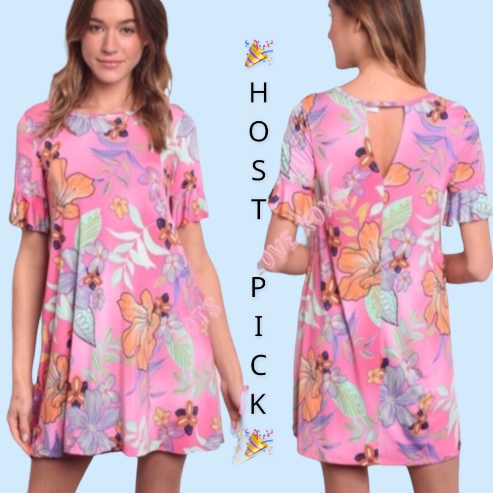❌DONATED❌Pink Floral Short Flutter Sleeve Round Neck Dress - Picture 1 of 9